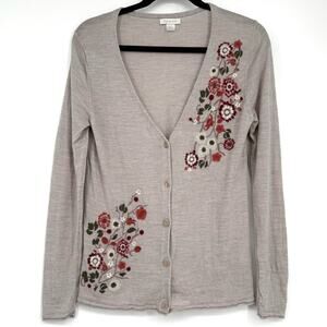 Garnet Hill 100% Merino Wool Floral Embroidered Cardigan Sweater Size‎ S